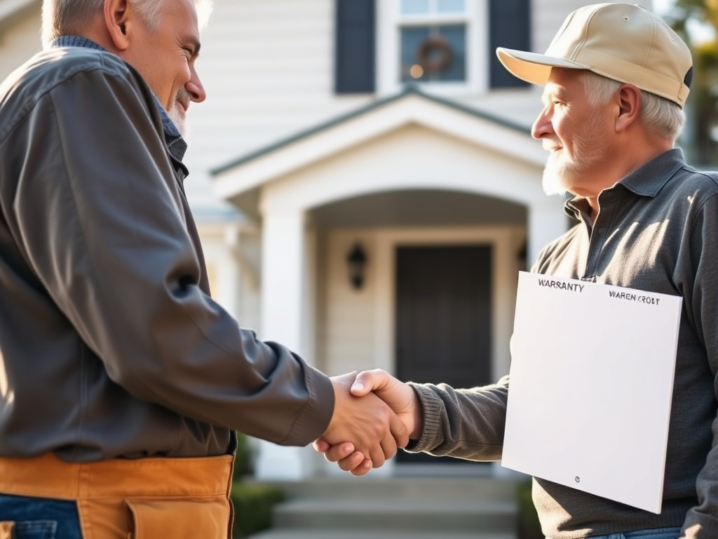 Homeowner and spray foam installer shaking hands after a completed installation, warranty folder visible