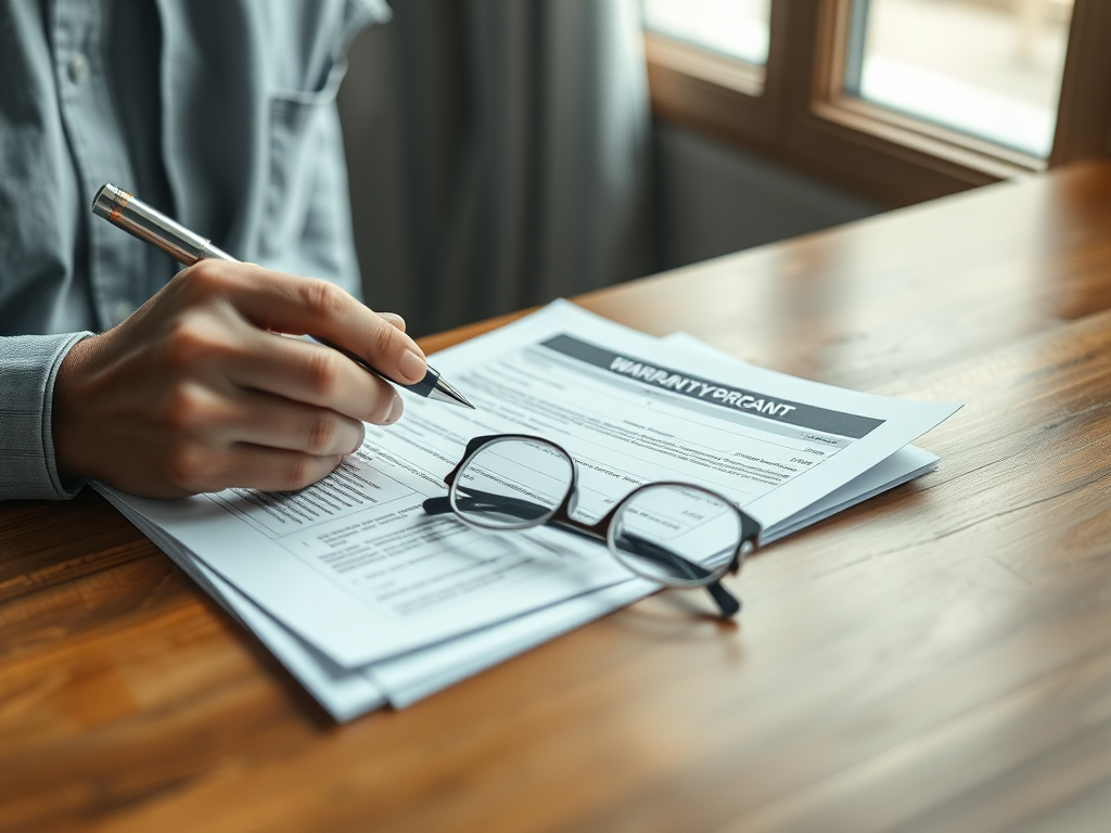 Homeowner reviewing spray foam warranty paperwork with a pen at a desk