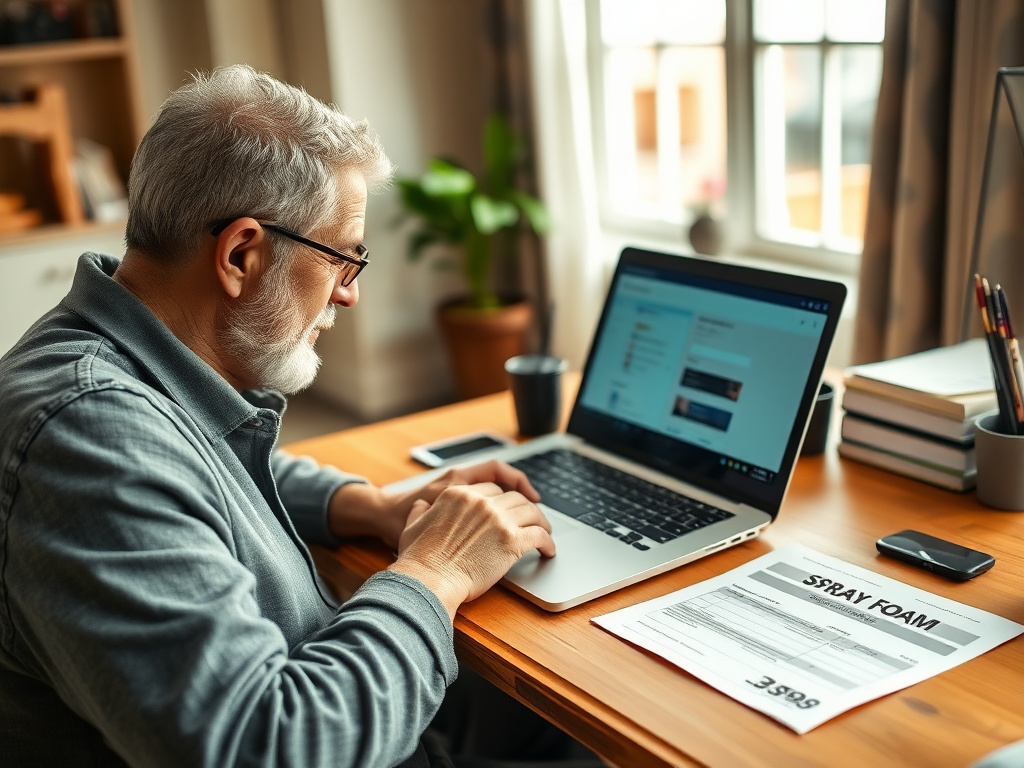 Homeowner filling out a spray foam warranty registration form on a laptop at home