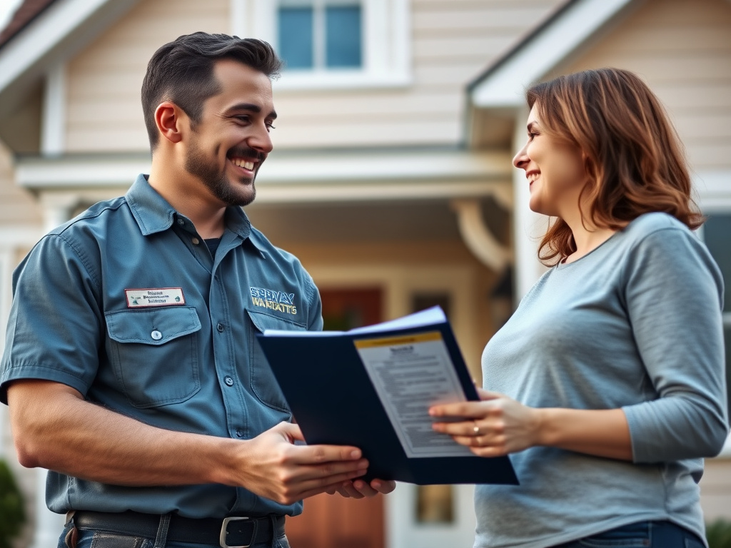 Installer handing warranty documentation to a homeowner in front of a completed installation
