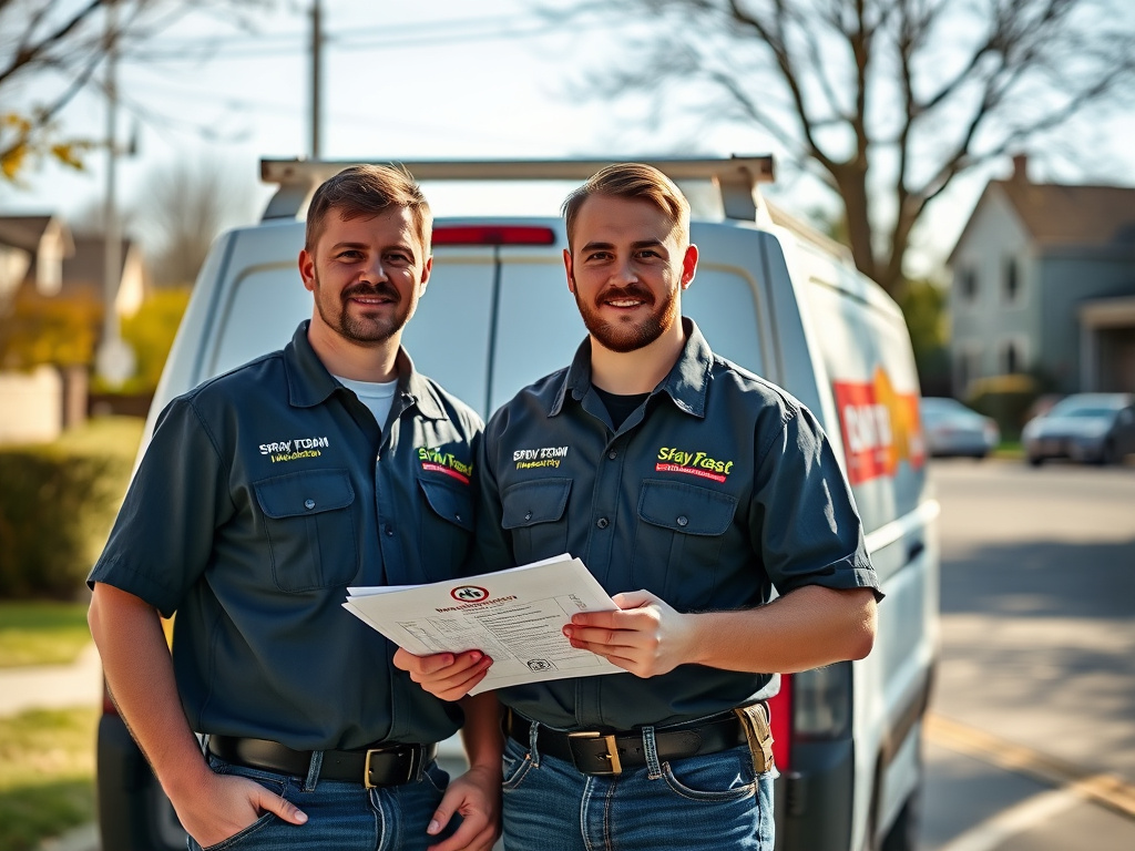 Spray foam installer team standing beside a work van reviewing warranty paperwork